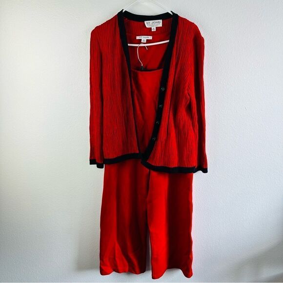 St. John Santana Knit Red Black 3 Piece Pants Sweater Tank Set - Picture 1 of 7